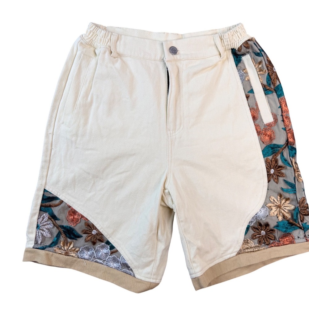 AYWTER Mens Floral Embroidered Mesh Denim Shorts Cream White Relaxed Size 27